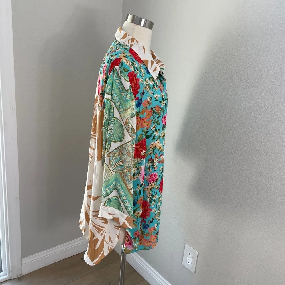Rose + Olive Womens Plus 3X Patchwork Floral Paisley Button Front Blouse Top - Picture 6 of 9